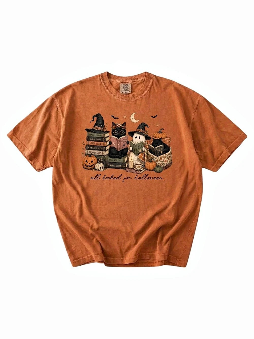 Comfort Colors All Booked For Halloween Cats and Ghost Reading T-Shirt Graphic